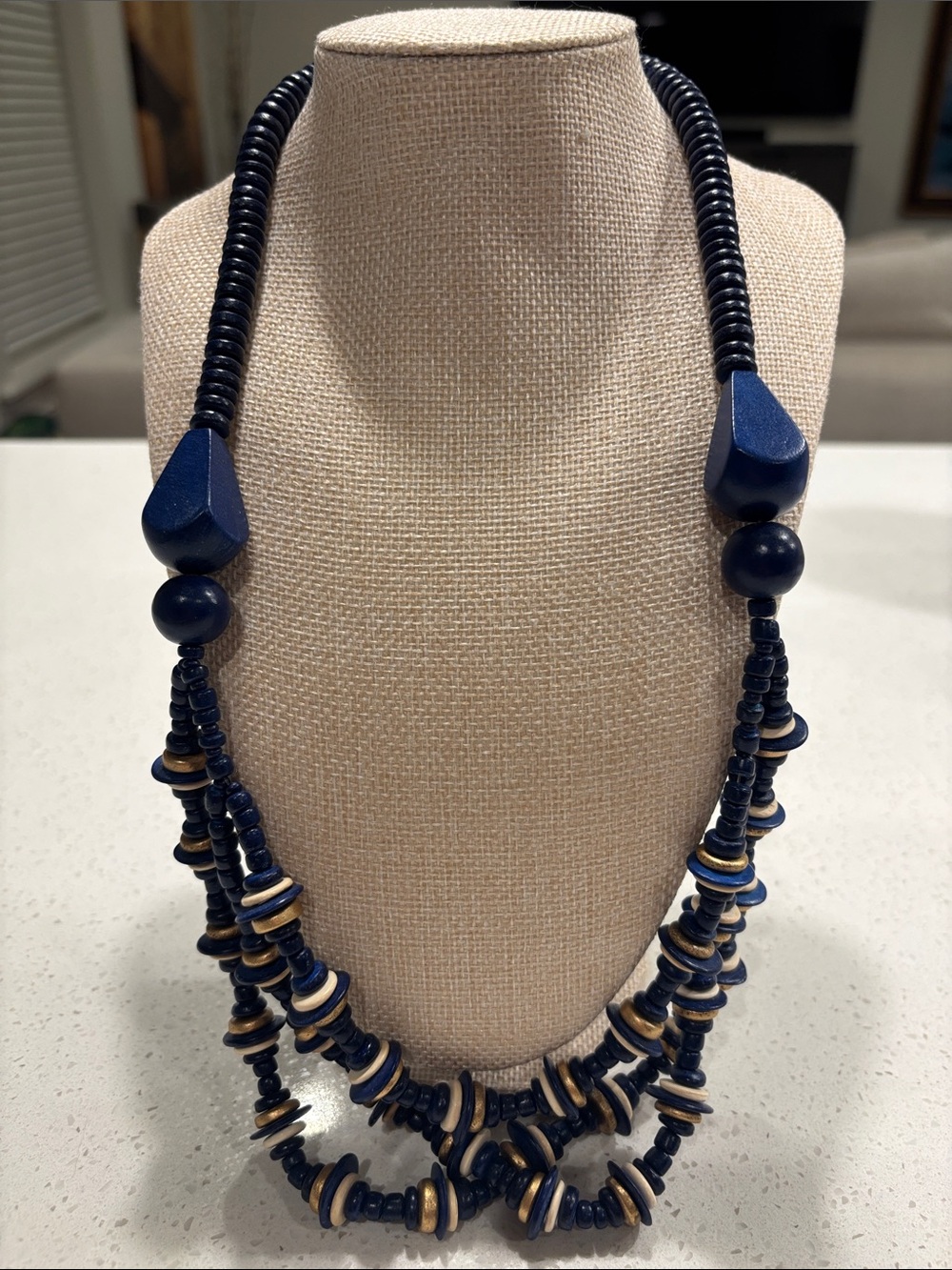 Vintage 1970s Boho Multi-Strand Navy Blue Wood Bead Statement Necklace